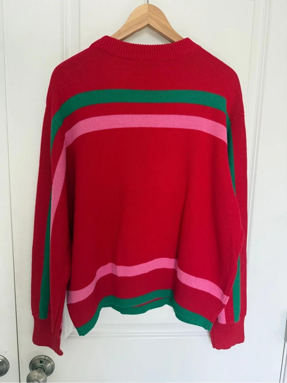 QUEEN OF SPARKLES NWT Red Green Pink Striped Sequin 'Sleigh Queen' Sweater S